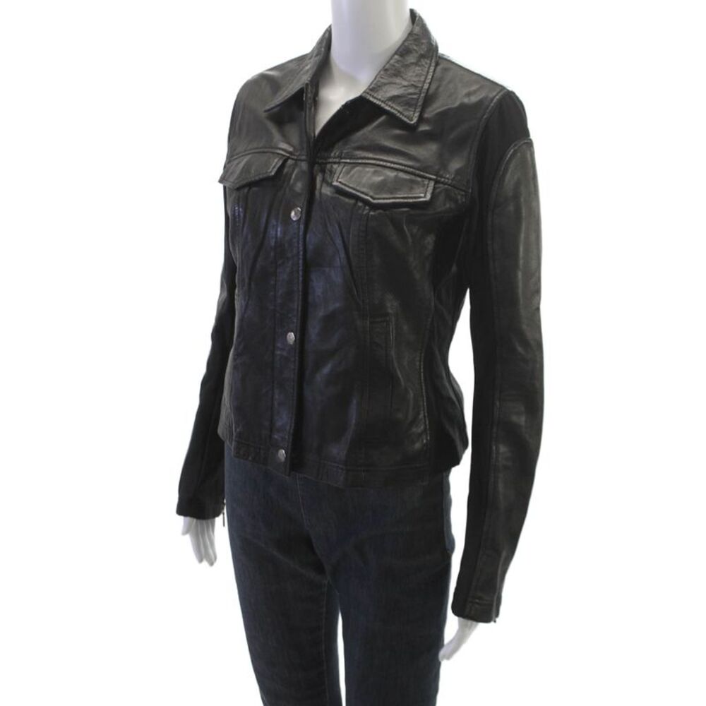 Anatomie Womens Basic Leather Jacket Black Button Long Sleeve Size S - Picture 3 of 5